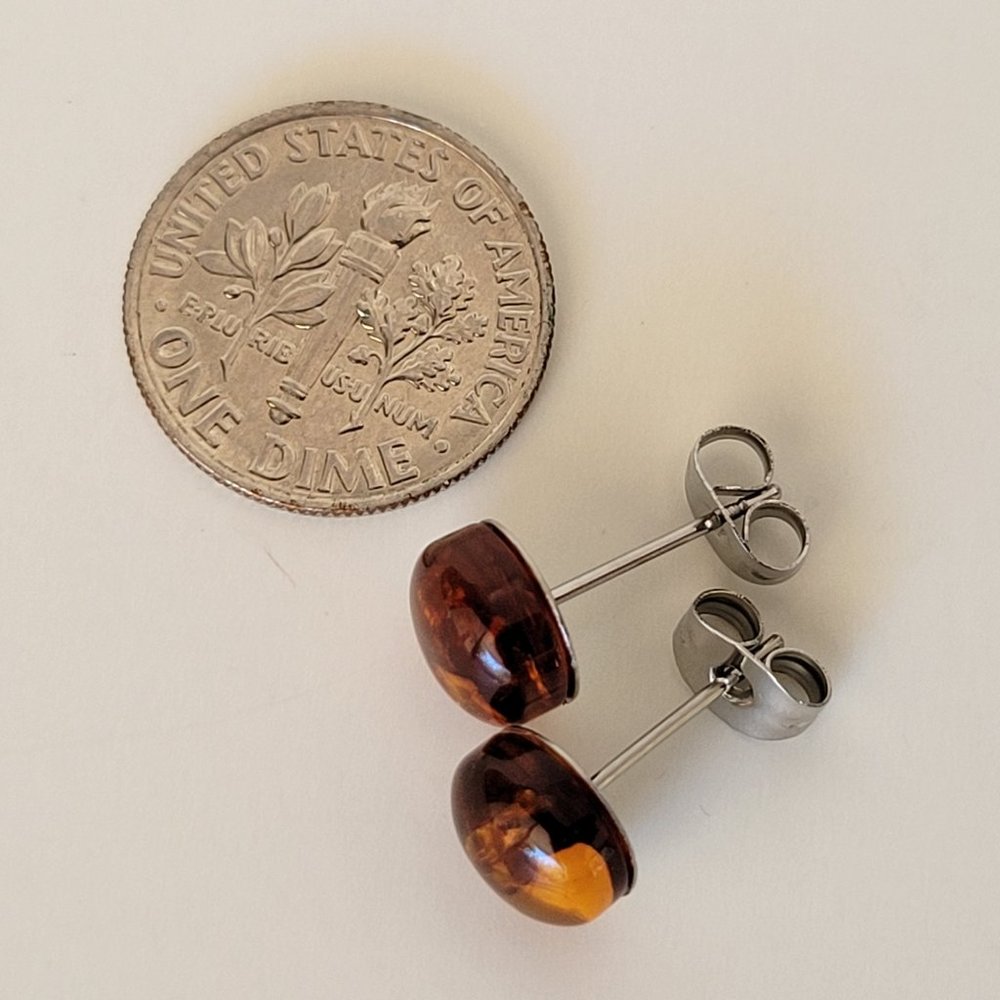 New 8mm Genuine Pressed Baltic Amber Stud Earrings on 316L SS Posts - Picture 5 of 5